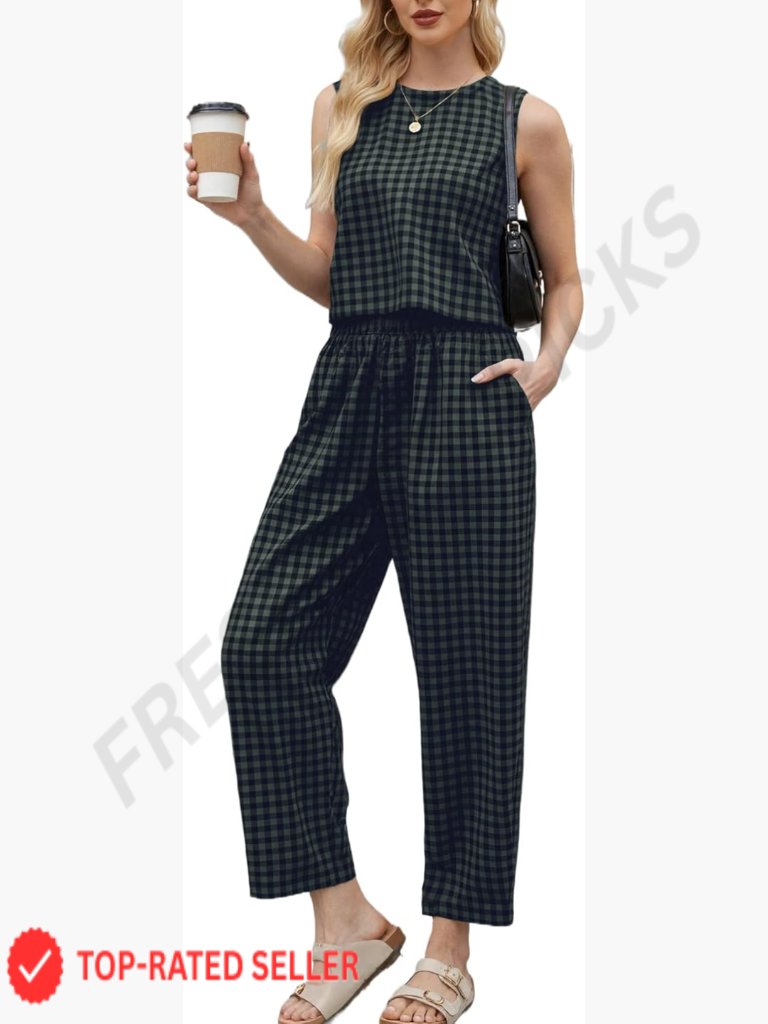 Linen Blend Two Piece Set Wide Leg Crop Pants Sleeveless Top Lounge Travel